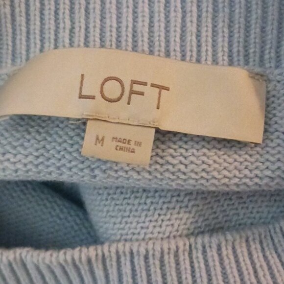 LOFT Sweater Blue Cream Ombre Crew Neck Puff Sleeve Knit Womens Size M - Picture 6 of 7